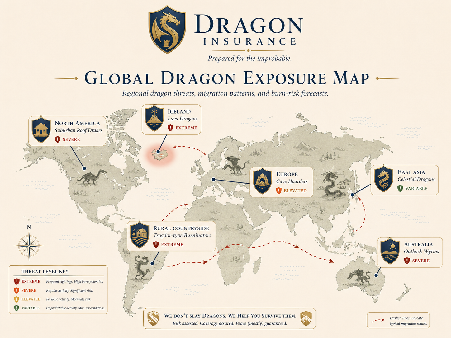 Illustrated global dragon exposure map with regional dragon threat levels